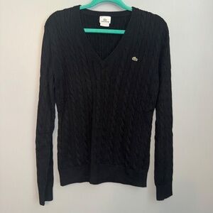EUC Lacoste V Neck Croc Logo Black Crew Neck Cable Knit Sweater Size 44 Large